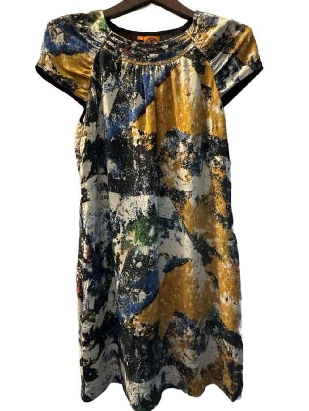 Tory Burch Silk Dress Women’s 6 Abstract Painterly Print Blue Gold Pleated Neck